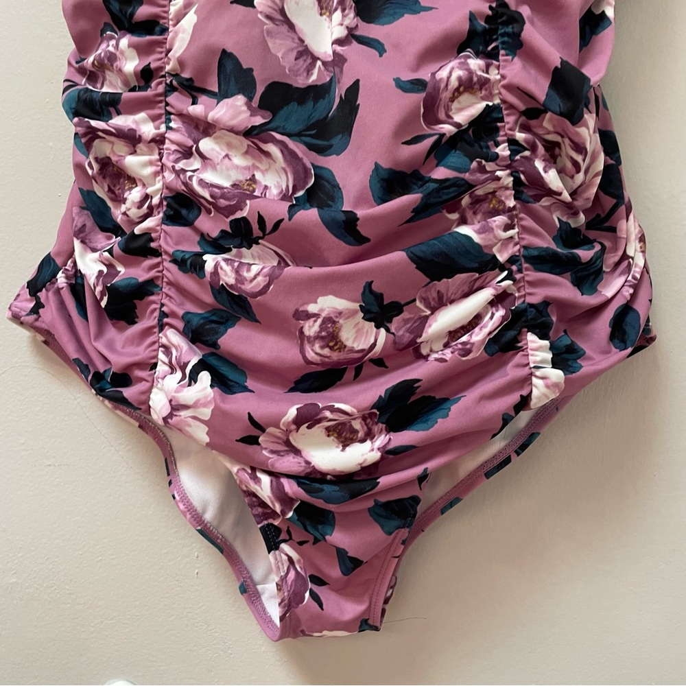 TORRID 2X Underwire Ruched Tie-Front One Piece Swimsuit lavender floral - Picture 5 of 9